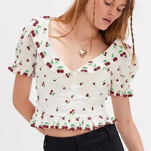 NEW FOR LOVE AND LEMONS BEADED CHERRY WHITE POPLIN BUTTON DOWN TOP SIZE M - Picture 1 of 14
